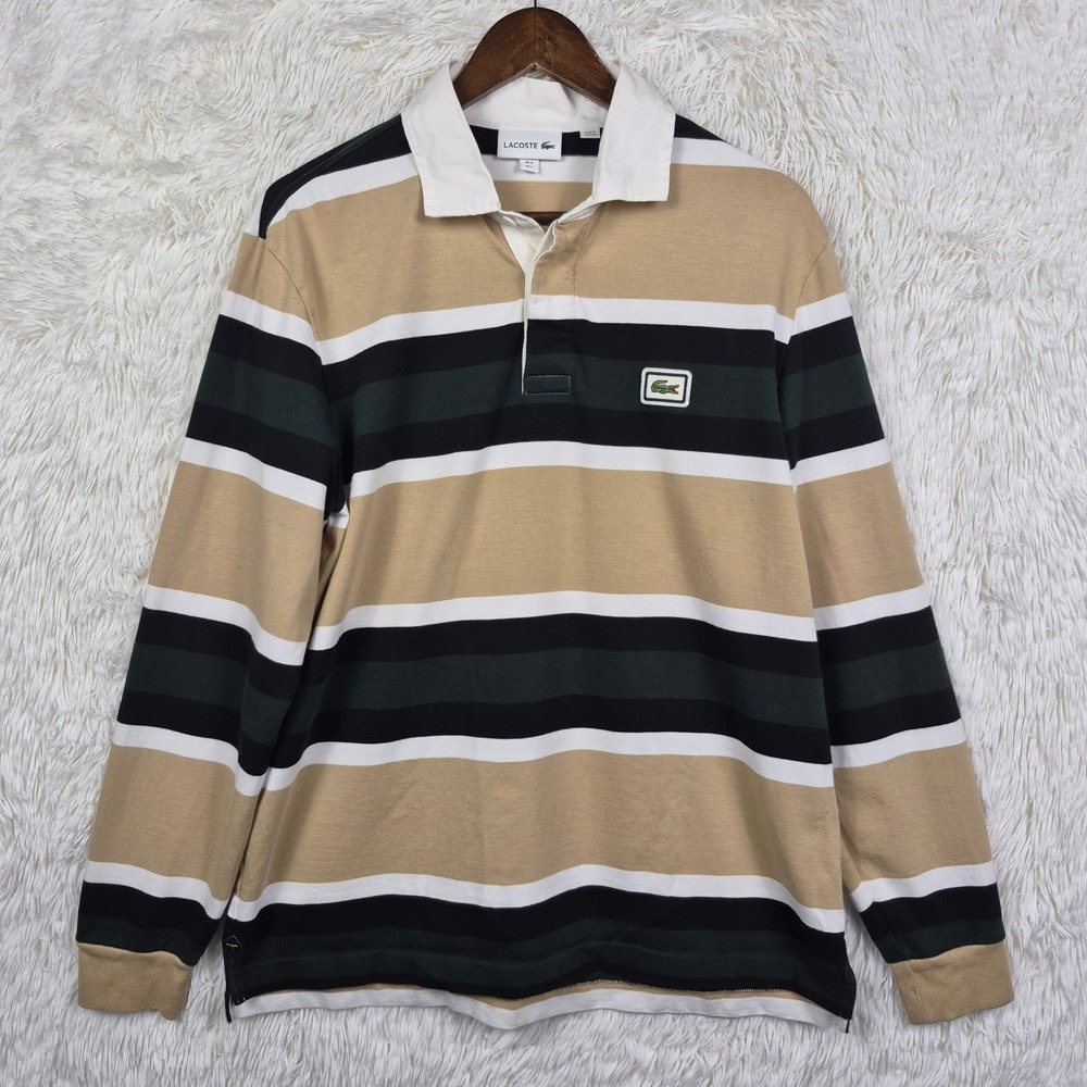 Lacoste Mens Long Sleeve Striped Rugby Polo Shirt Tan Black Green Size L